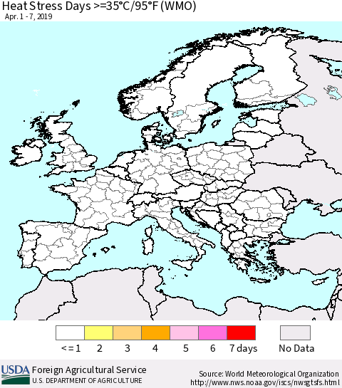 Europe Heat Stress Days >=35°C/95°F (WMO) Thematic Map For 4/1/2019 - 4/7/2019