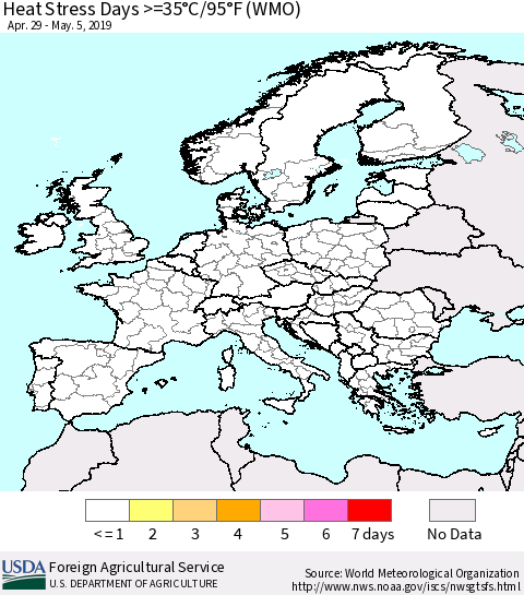 Europe Heat Stress Days >=35°C/95°F (WMO) Thematic Map For 4/29/2019 - 5/5/2019