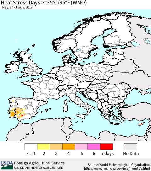 Europe Heat Stress Days >=35°C/95°F (WMO) Thematic Map For 5/27/2019 - 6/2/2019