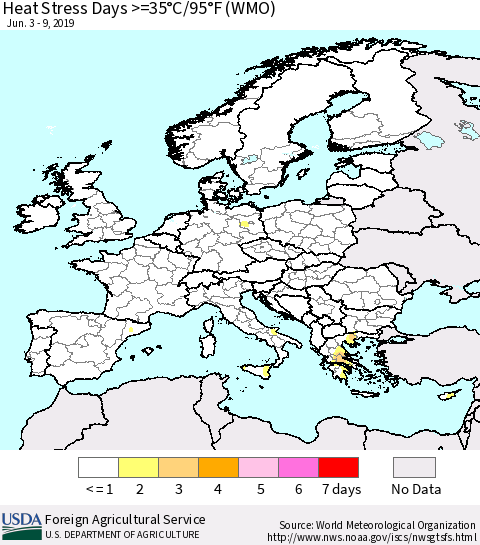 Europe Heat Stress Days >=35°C/95°F (WMO) Thematic Map For 6/3/2019 - 6/9/2019