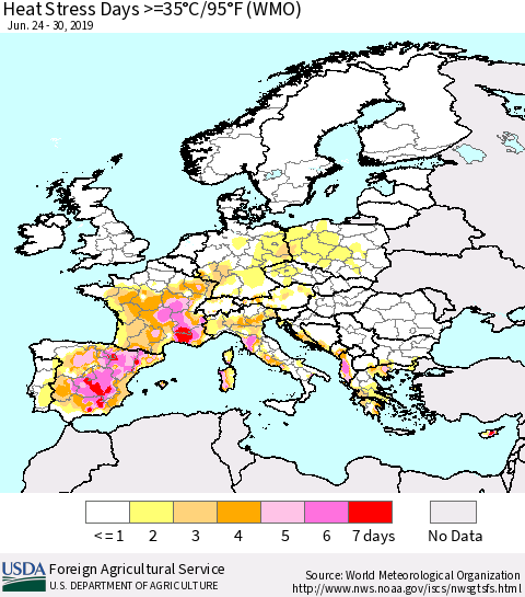 Europe Heat Stress Days >=35°C/95°F (WMO) Thematic Map For 6/24/2019 - 6/30/2019