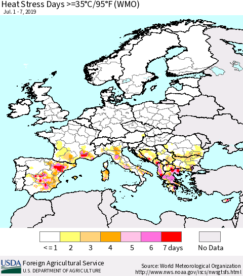 Europe Heat Stress Days >=35°C/95°F (WMO) Thematic Map For 7/1/2019 - 7/7/2019