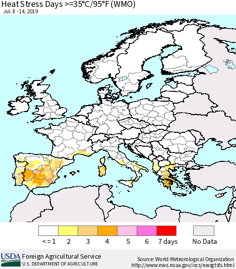 Europe Heat Stress Days >=35°C/95°F (WMO) Thematic Map For 7/8/2019 - 7/14/2019