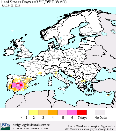 Europe Heat Stress Days >=35°C/95°F (WMO) Thematic Map For 7/15/2019 - 7/21/2019
