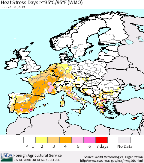 Europe Heat Stress Days >=35°C/95°F (WMO) Thematic Map For 7/22/2019 - 7/28/2019