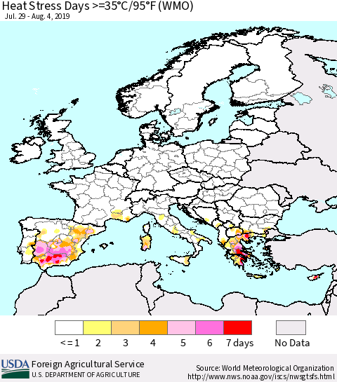 Europe Heat Stress Days >=35°C/95°F (WMO) Thematic Map For 7/29/2019 - 8/4/2019