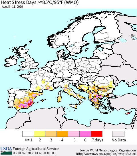 Europe Heat Stress Days >=35°C/95°F (WMO) Thematic Map For 8/5/2019 - 8/11/2019