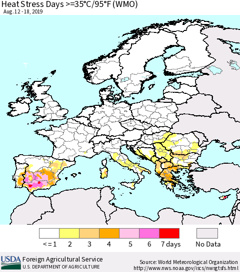 Europe Heat Stress Days >=35°C/95°F (WMO) Thematic Map For 8/12/2019 - 8/18/2019