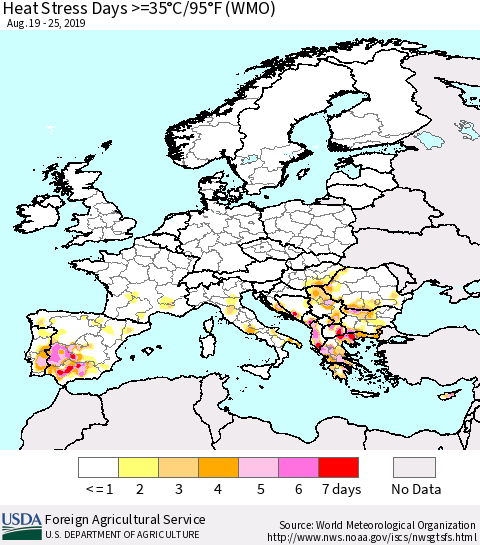 Europe Heat Stress Days >=35°C/95°F (WMO) Thematic Map For 8/19/2019 - 8/25/2019