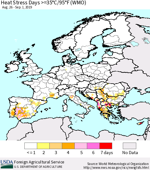 Europe Heat Stress Days >=35°C/95°F (WMO) Thematic Map For 8/26/2019 - 9/1/2019