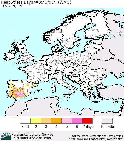 Europe Heat Stress Days >=35°C/95°F (WMO) Thematic Map For 6/22/2020 - 6/28/2020