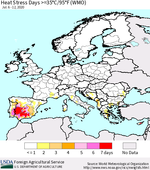 Europe Heat Stress Days >=35°C/95°F (WMO) Thematic Map For 7/6/2020 - 7/12/2020