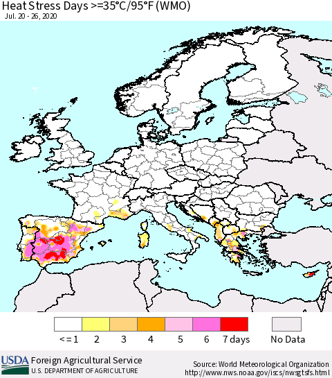 Europe Heat Stress Days >=35°C/95°F (WMO) Thematic Map For 7/20/2020 - 7/26/2020