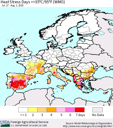 Europe Heat Stress Days >=35°C/95°F (WMO) Thematic Map For 7/27/2020 - 8/2/2020