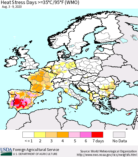Europe Heat Stress Days >=35°C/95°F (WMO) Thematic Map For 8/3/2020 - 8/9/2020
