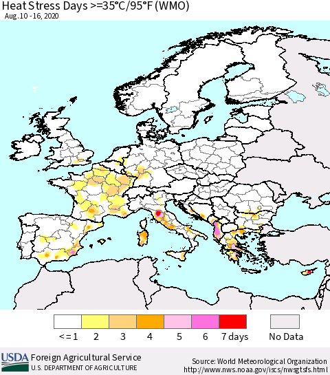 Europe Heat Stress Days >=35°C/95°F (WMO) Thematic Map For 8/10/2020 - 8/16/2020