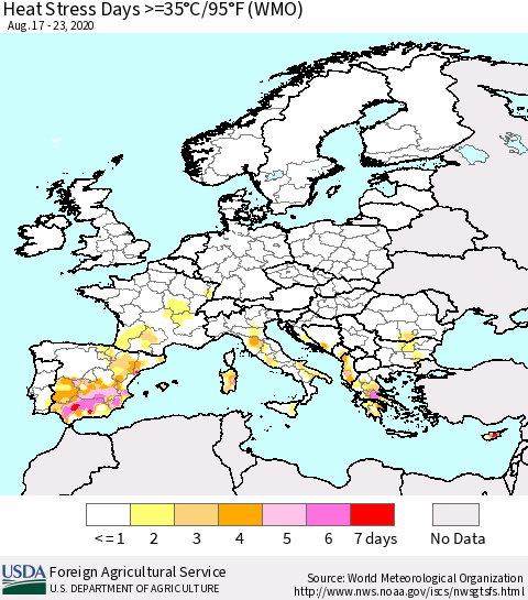 Europe Heat Stress Days >=35°C/95°F (WMO) Thematic Map For 8/17/2020 - 8/23/2020