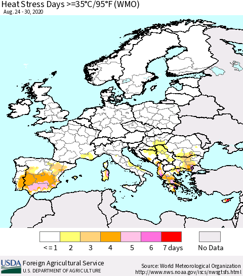 Europe Heat Stress Days >=35°C/95°F (WMO) Thematic Map For 8/24/2020 - 8/30/2020