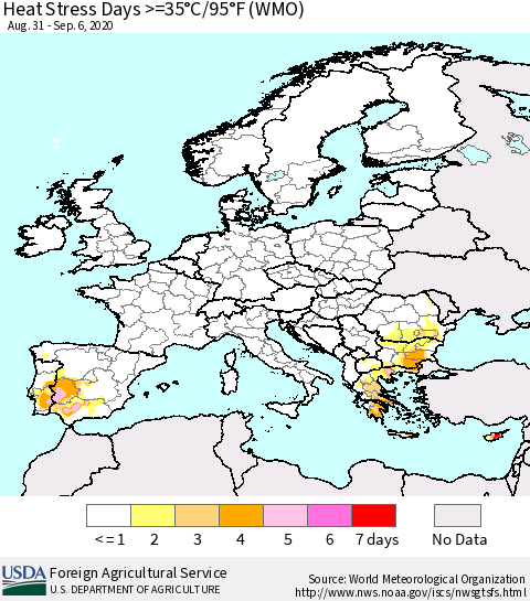 Europe Heat Stress Days >=35°C/95°F (WMO) Thematic Map For 8/31/2020 - 9/6/2020