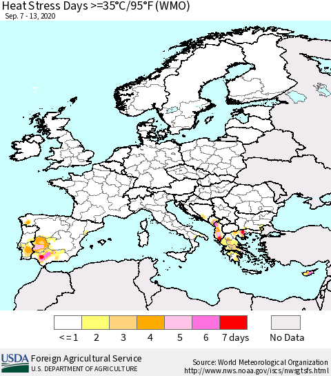 Europe Heat Stress Days >=35°C/95°F (WMO) Thematic Map For 9/7/2020 - 9/13/2020