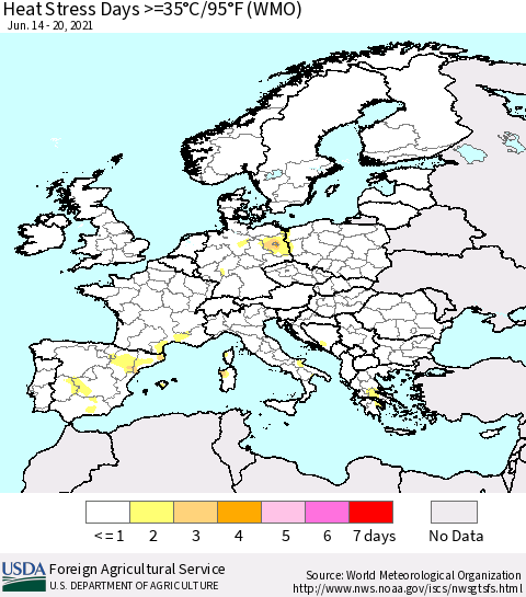 Europe Heat Stress Days >=35°C/95°F (WMO) Thematic Map For 6/14/2021 - 6/20/2021