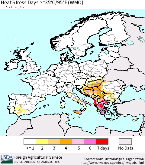 Europe Heat Stress Days >=35°C/95°F (WMO) Thematic Map For 6/21/2021 - 6/27/2021