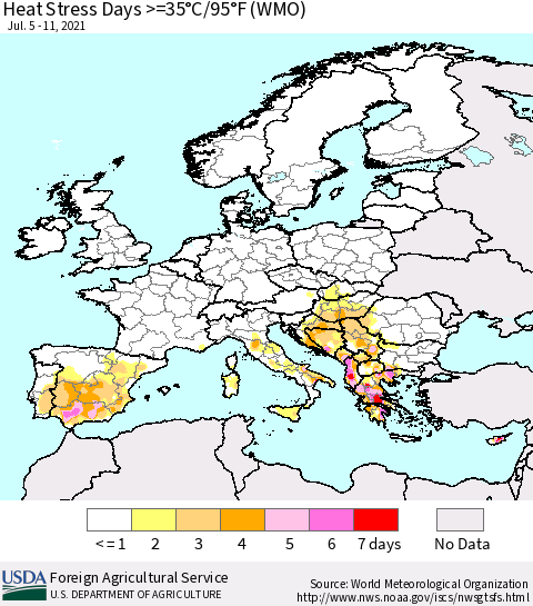 Europe Heat Stress Days >=35°C/95°F (WMO) Thematic Map For 7/5/2021 - 7/11/2021