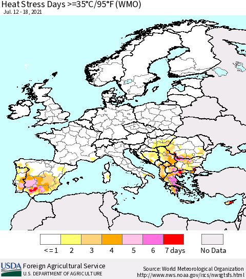 Europe Heat Stress Days >=35°C/95°F (WMO) Thematic Map For 7/12/2021 - 7/18/2021