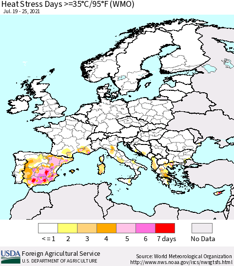 Europe Heat Stress Days >=35°C/95°F (WMO) Thematic Map For 7/19/2021 - 7/25/2021