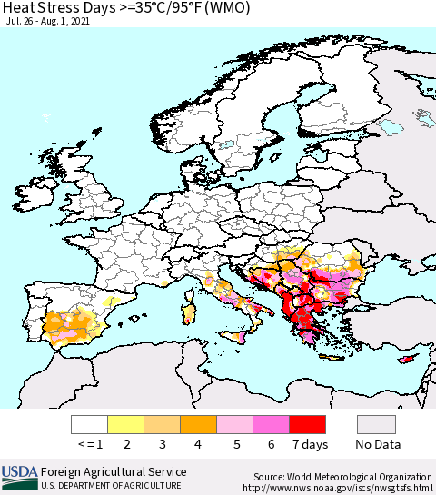 Europe Heat Stress Days >=35°C/95°F (WMO) Thematic Map For 7/26/2021 - 8/1/2021
