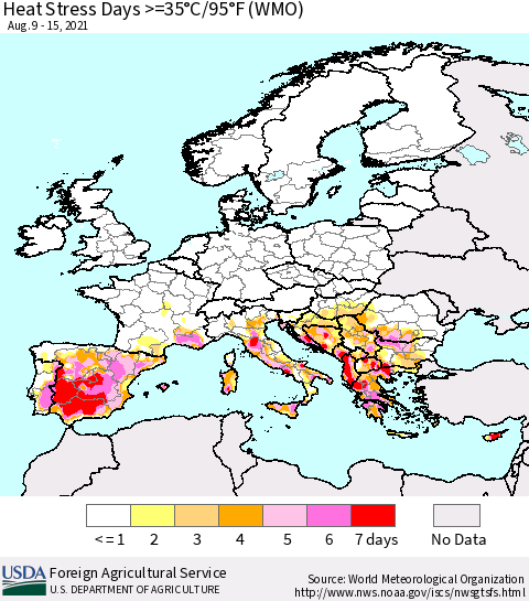 Europe Heat Stress Days >=35°C/95°F (WMO) Thematic Map For 8/9/2021 - 8/15/2021