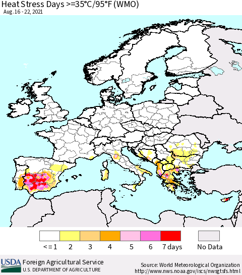 Europe Heat Stress Days >=35°C/95°F (WMO) Thematic Map For 8/16/2021 - 8/22/2021