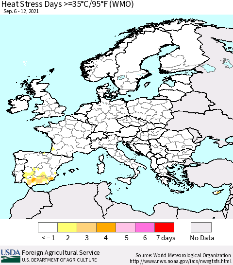 Europe Heat Stress Days >=35°C/95°F (WMO) Thematic Map For 9/6/2021 - 9/12/2021
