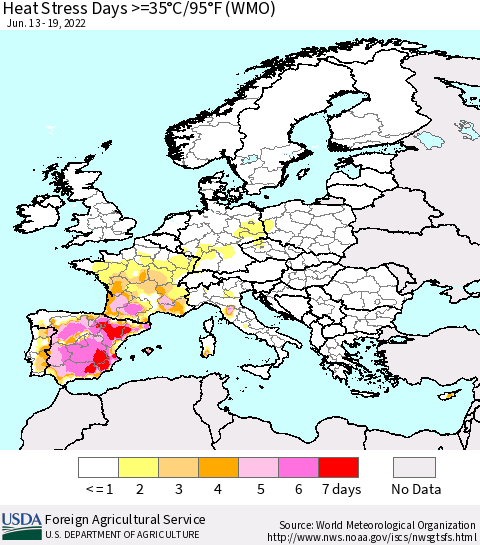 Europe Heat Stress Days >=35°C/95°F (WMO) Thematic Map For 6/13/2022 - 6/19/2022