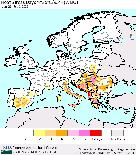 Europe Heat Stress Days >=35°C/95°F (WMO) Thematic Map For 6/27/2022 - 7/3/2022