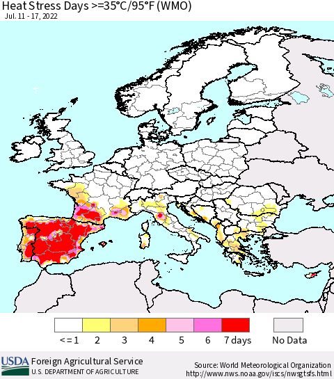 Europe Heat Stress Days >=35°C/95°F (WMO) Thematic Map For 7/11/2022 - 7/17/2022