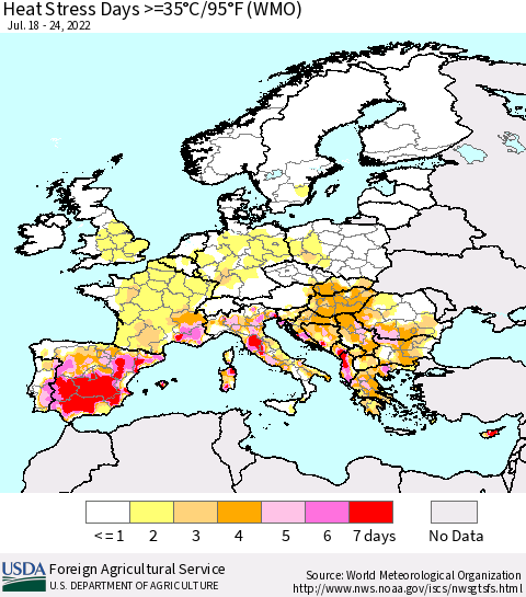 Europe Heat Stress Days >=35°C/95°F (WMO) Thematic Map For 7/18/2022 - 7/24/2022