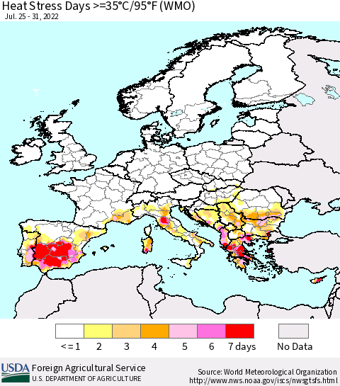 Europe Heat Stress Days >=35°C/95°F (WMO) Thematic Map For 7/25/2022 - 7/31/2022