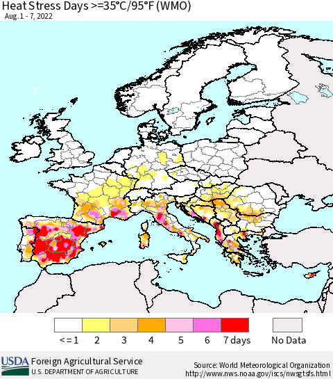 Europe Heat Stress Days >=35°C/95°F (WMO) Thematic Map For 8/1/2022 - 8/7/2022
