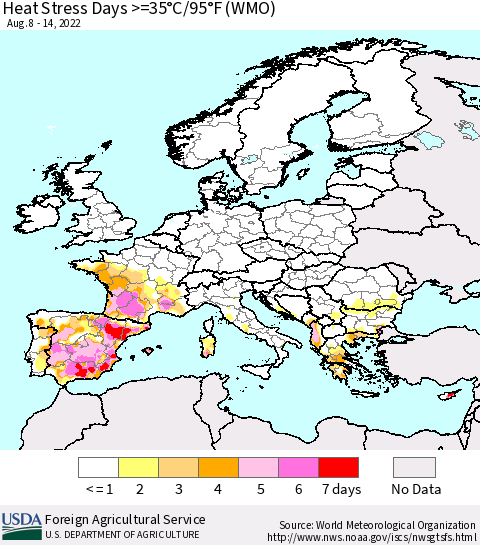 Europe Heat Stress Days >=35°C/95°F (WMO) Thematic Map For 8/8/2022 - 8/14/2022