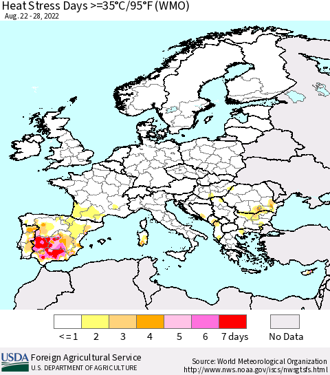 Europe Heat Stress Days >=35°C/95°F (WMO) Thematic Map For 8/22/2022 - 8/28/2022