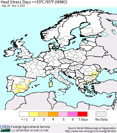 Europe Heat Stress Days >=35°C/95°F (WMO) Thematic Map For 8/29/2022 - 9/4/2022