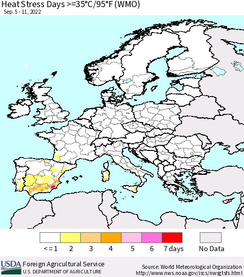 Europe Heat Stress Days >=35°C/95°F (WMO) Thematic Map For 9/5/2022 - 9/11/2022