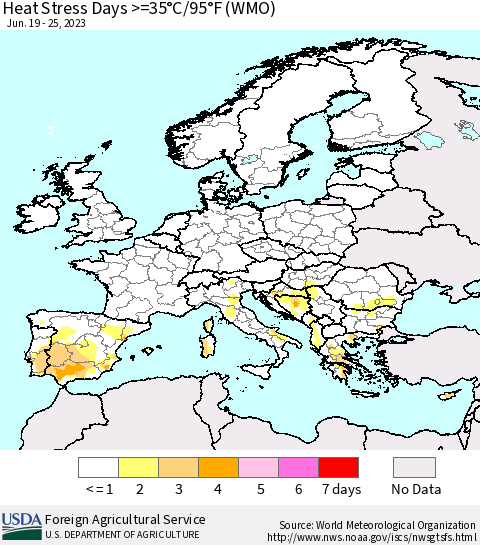 Europe Heat Stress Days >=35°C/95°F (WMO) Thematic Map For 6/19/2023 - 6/25/2023