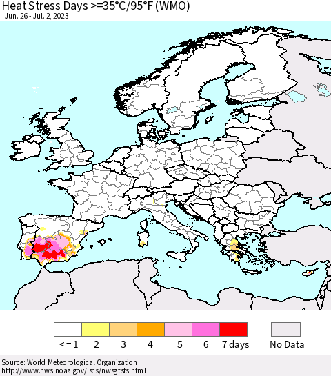 Europe Heat Stress Days >=35°C/95°F (WMO) Thematic Map For 6/26/2023 - 7/2/2023