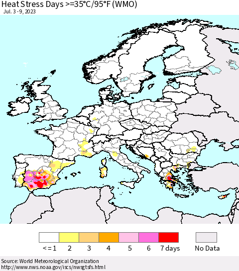Europe Heat Stress Days >=35°C/95°F (WMO) Thematic Map For 7/3/2023 - 7/9/2023