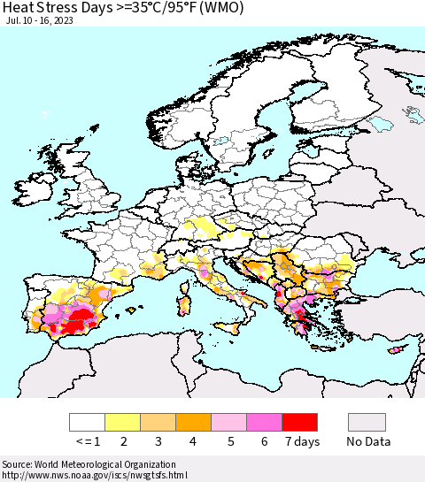 Europe Heat Stress Days >=35°C/95°F (WMO) Thematic Map For 7/10/2023 - 7/16/2023