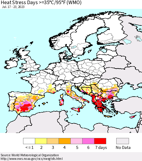 Europe Heat Stress Days >=35°C/95°F (WMO) Thematic Map For 7/17/2023 - 7/23/2023