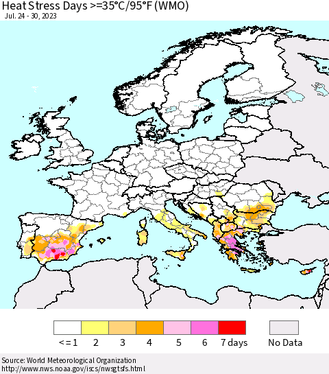 Europe Heat Stress Days >=35°C/95°F (WMO) Thematic Map For 7/24/2023 - 7/30/2023
