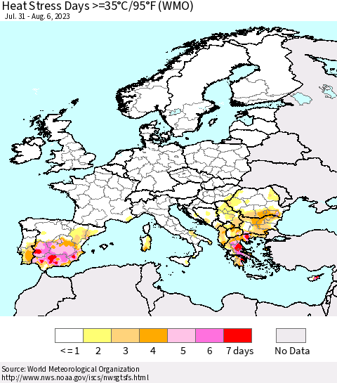 Europe Heat Stress Days >=35°C/95°F (WMO) Thematic Map For 7/31/2023 - 8/6/2023